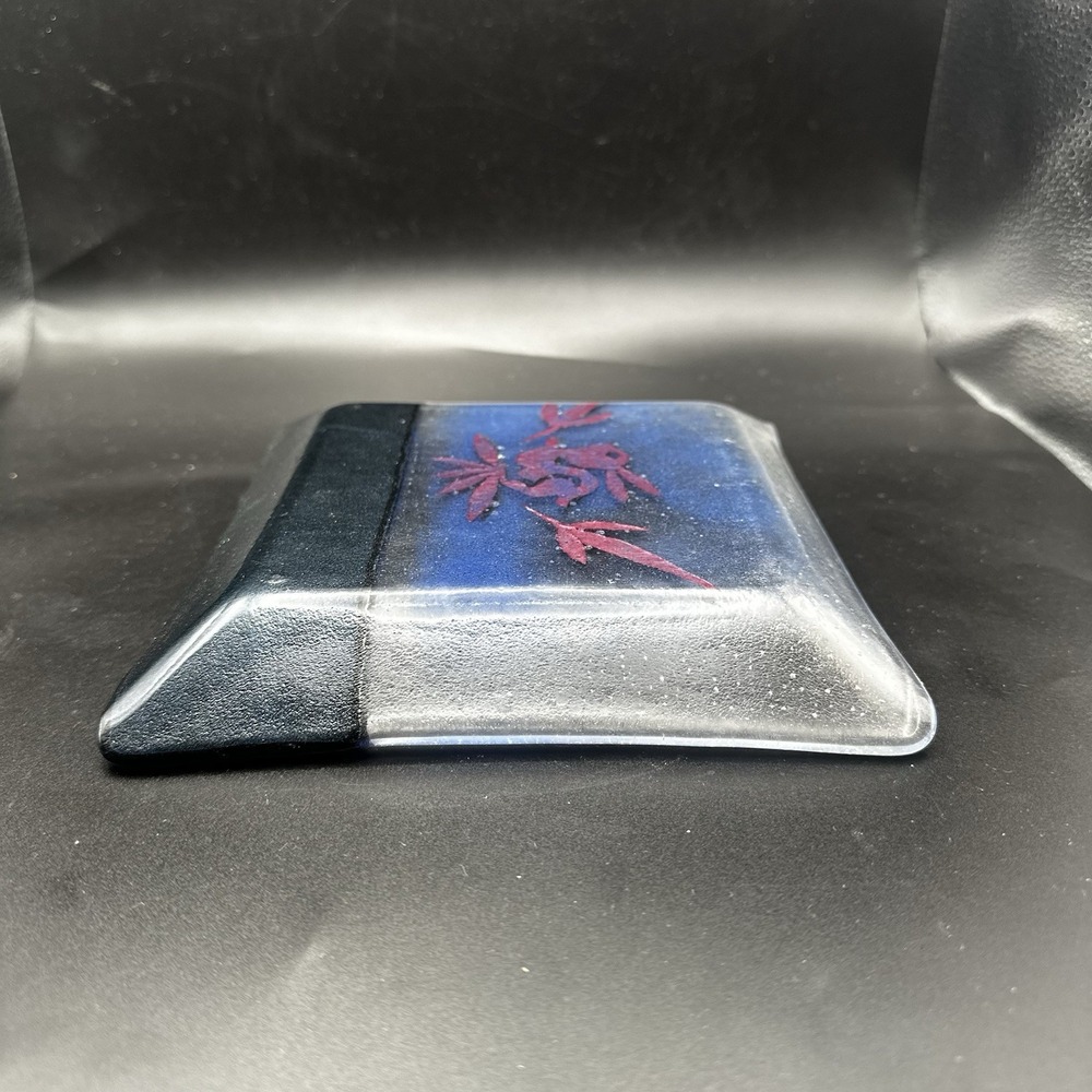 Dichroic Studio Art Fused Glass Rectangular Plate With Rabbit Design Blue Red - Picture 8 of 8